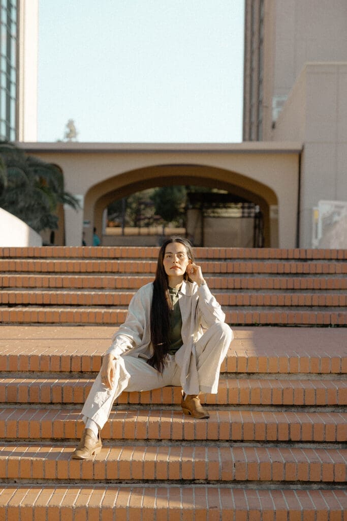 Tucson lifestyle session on brick steps in warm golden afternoon light